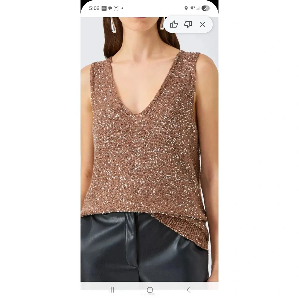 Jeans by Buffalo Womens Sequin V-Neck Short Sleeve Knit Sweater Top Taupe L - Picture 3 of 8
